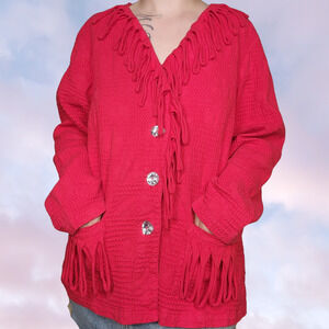 Vtg 80s 90s Nanette Keller Red Fringe Gem Button Up Funky Long Sleeve Top Sz Lg